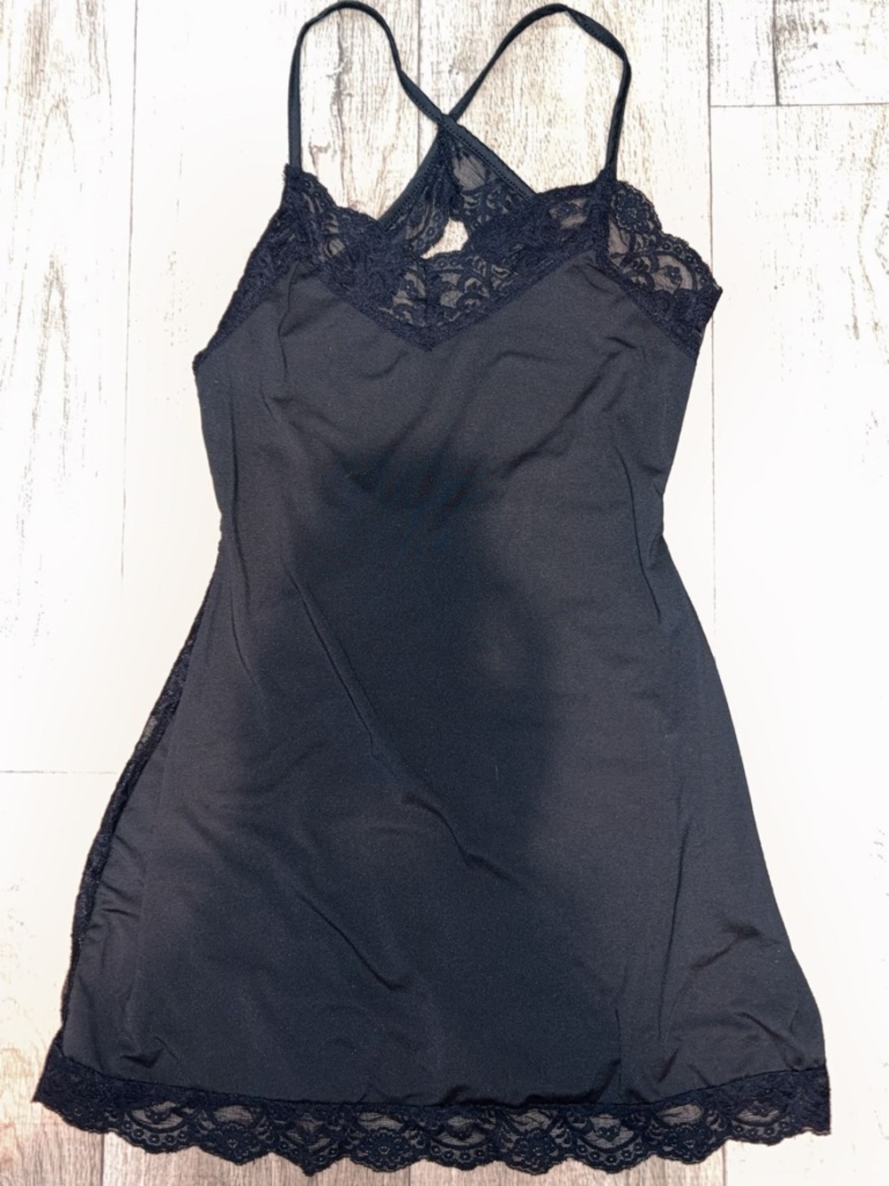 Y2K/Grunge: Black Lace-Trim Slip Dress ( full lace back )- Women's Intimates: M